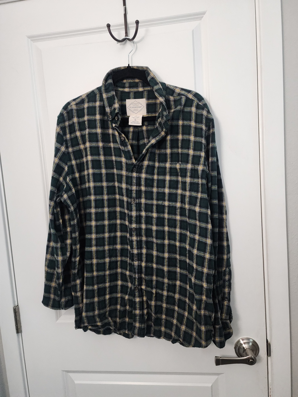 5/$30 St. John's Bay Dark Green and Cream Plaid Flannel Button-Down Shirt
